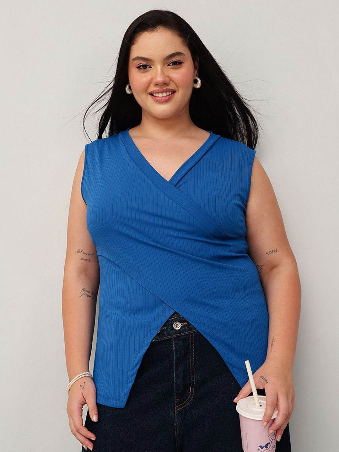 CURVY STREET Women Ribbed Wrap Top