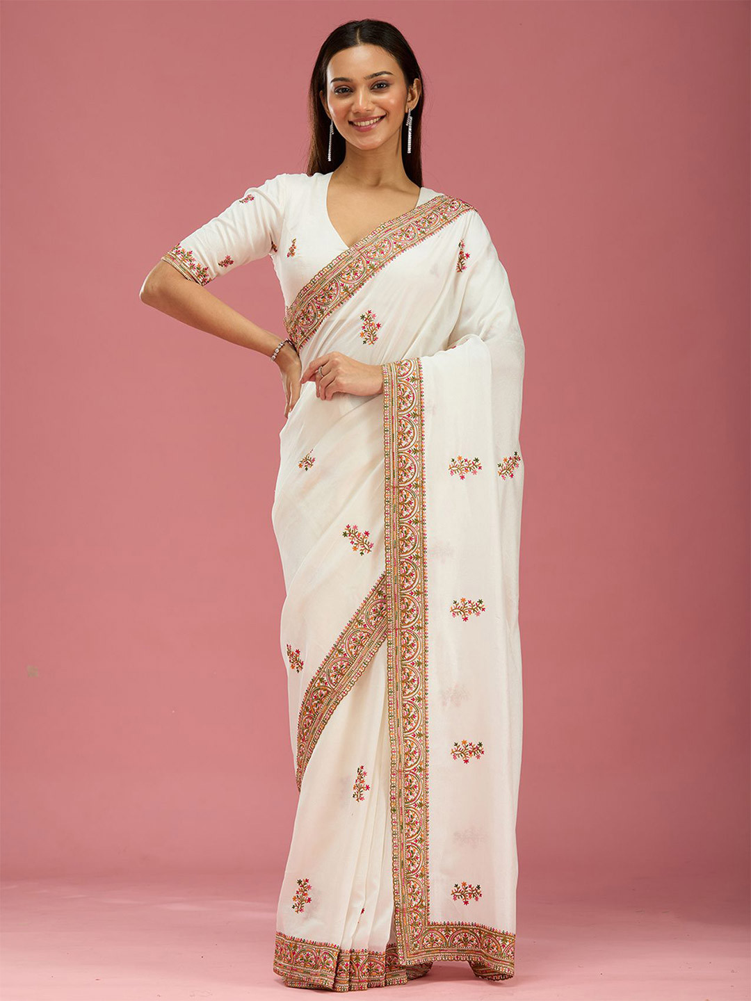 Koskii Ethnic Motif Embroidered Kashmiri Soft Raw Silk Saree