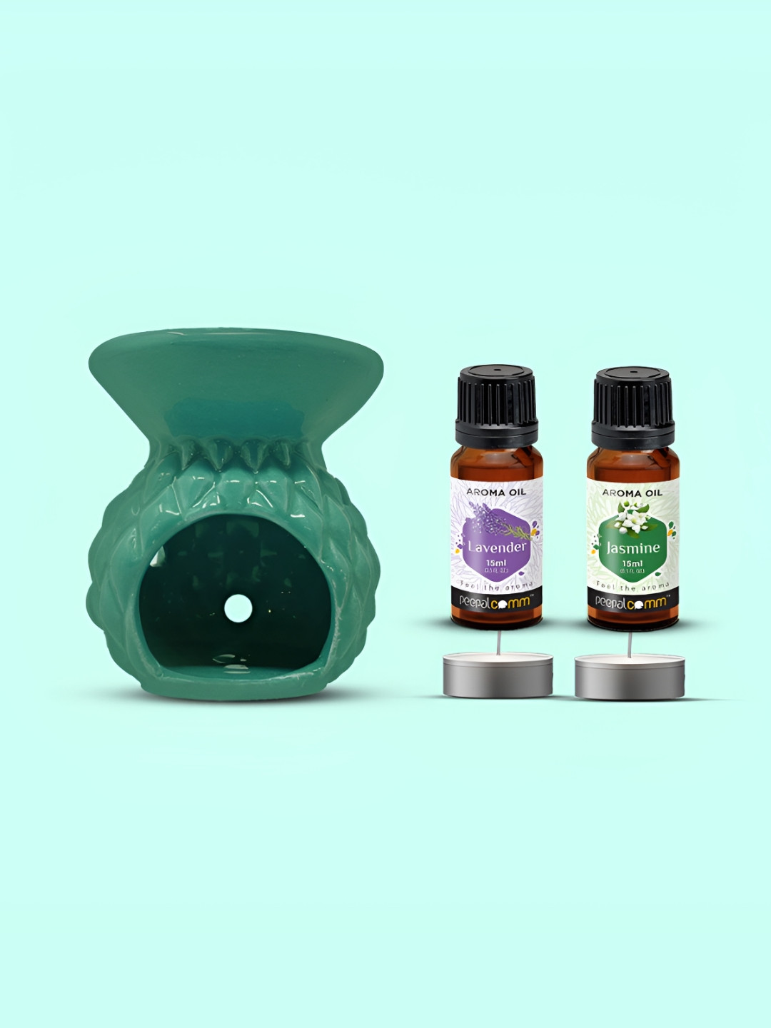 PEEPALCOMM 5Pcs Green Textured T- Light Candles Diffuser With Aroma Oils - 15 ml Each