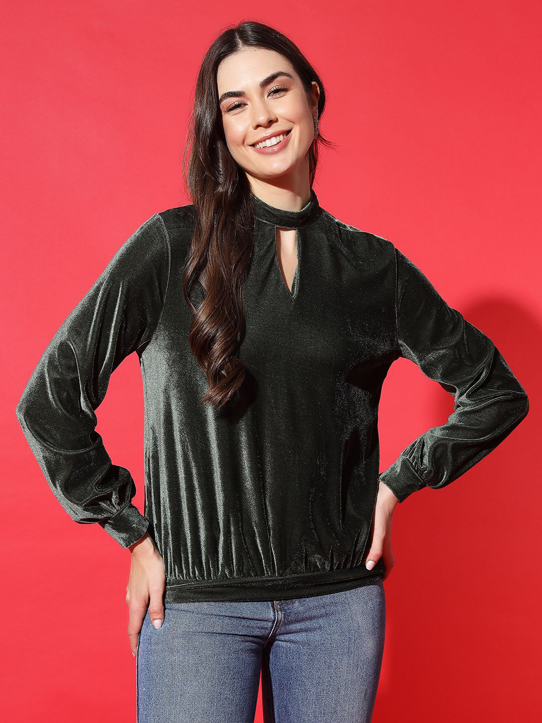 VAARARO Olive Green Velvet High Neck Blouson Top