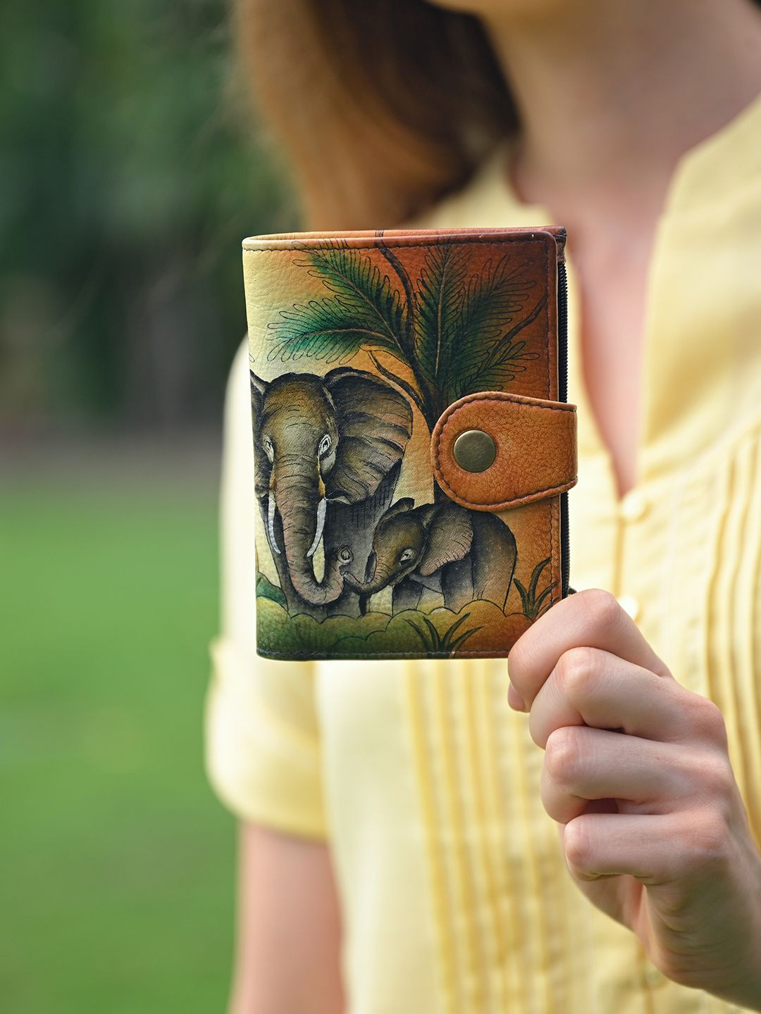 Anuschka Women Elephant Family Tan Hand Painted Leather Wallet