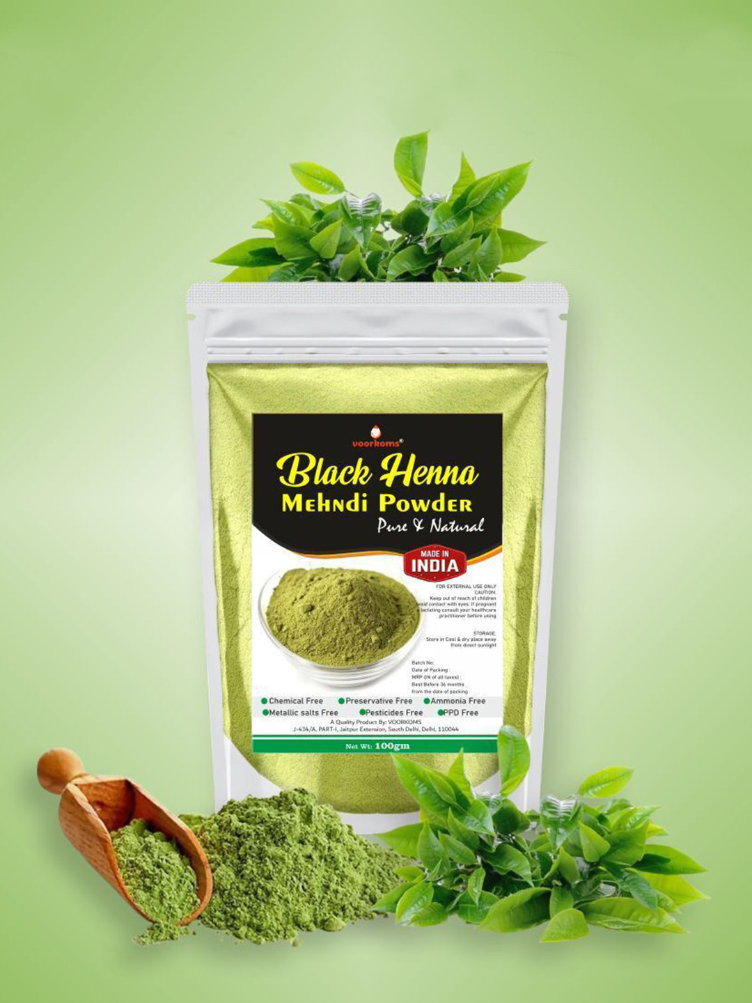 VOORKOMS Pure Black Henna Mehndi Powder For Hair Colour - 100 g