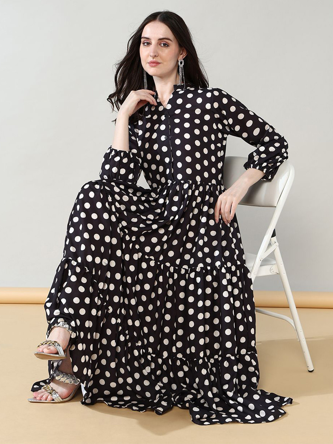 House of Kaftan Polka Dot Print Satin Maxi Dress
