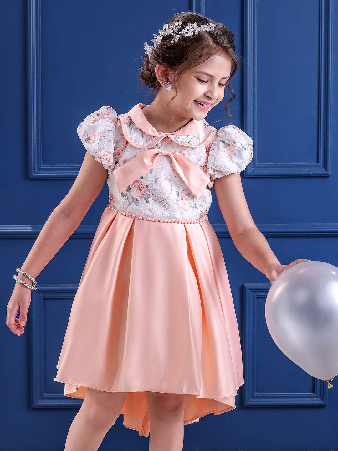 Mark & Mia Girls Floral Printed Peter Pan Collar Fit & Flare Party Midi Dress With Bow