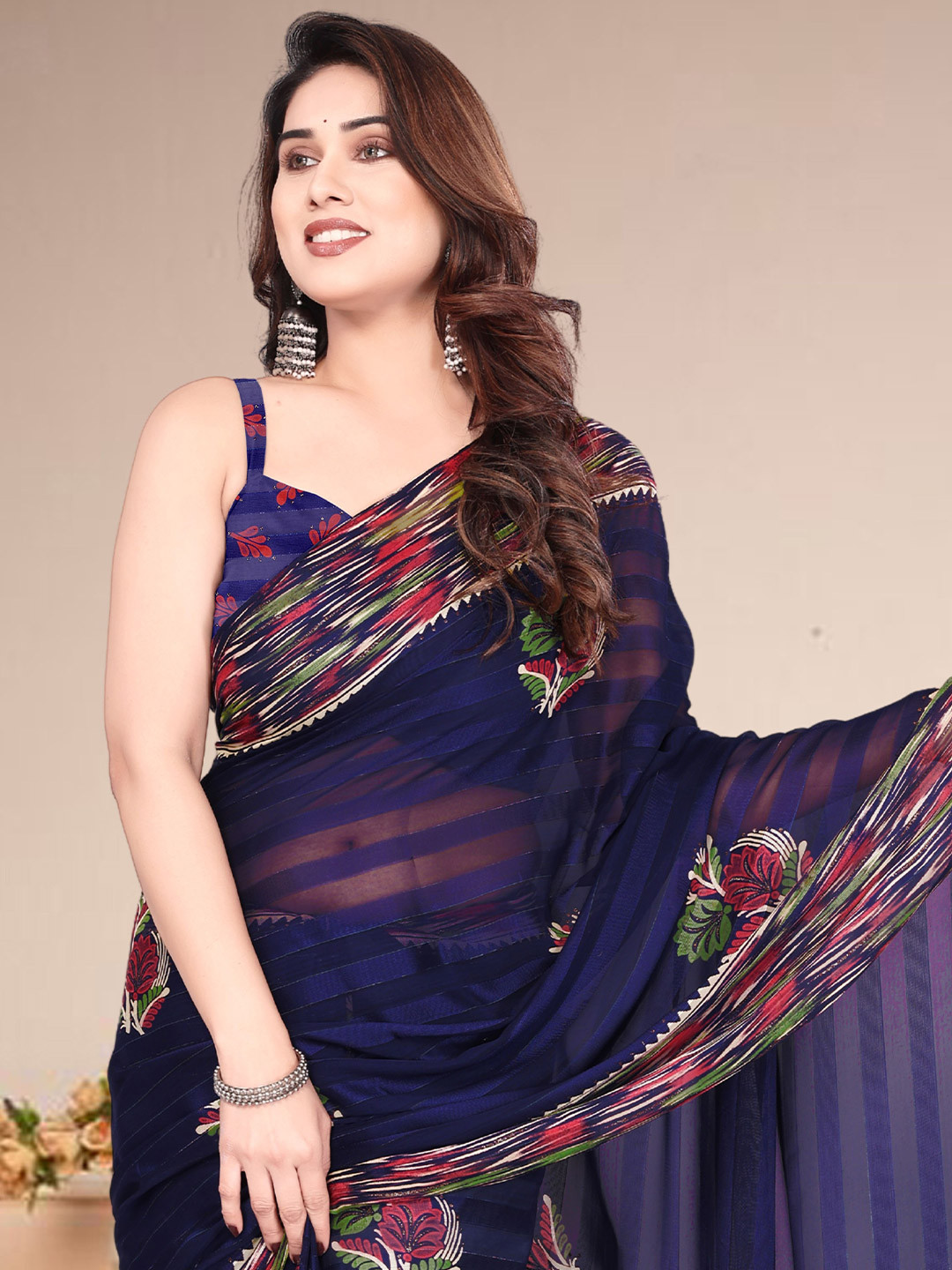 MAGNEITTA Women Floral Printed Pure Georgette Leheriya Saree