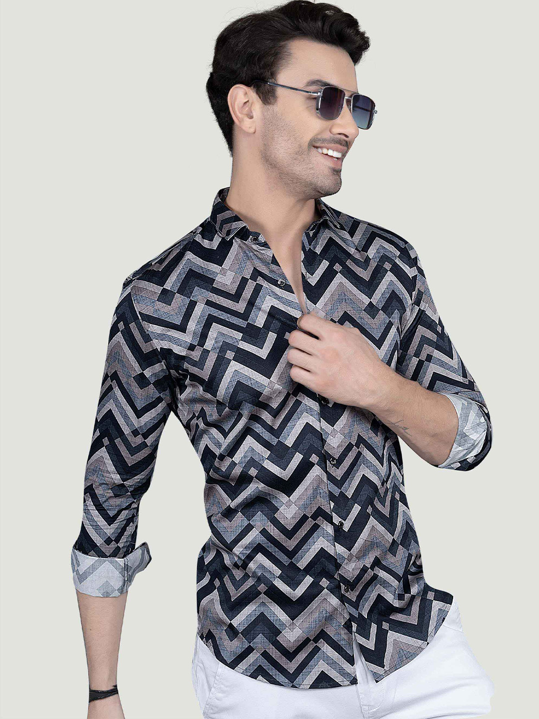 ALMATY Soren Giza Comfort Chevron Printed Slim Fit Cotton Shirt