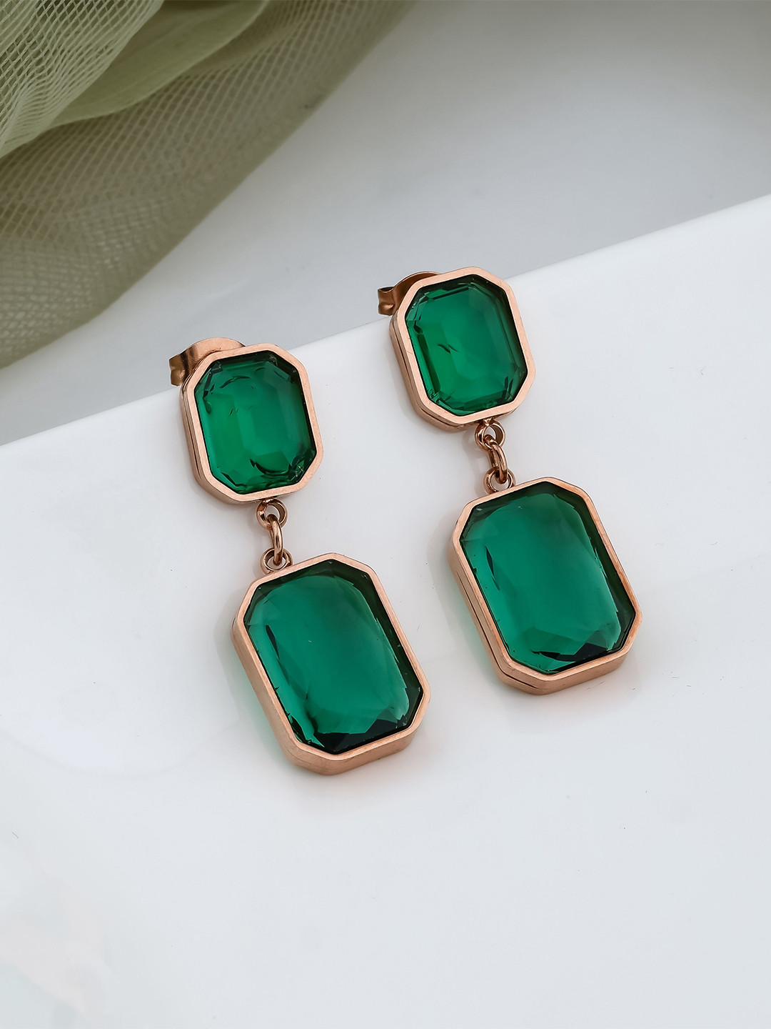 QUERALT Stainless Steel Emerald Studded Square Shaped Drop Earrings