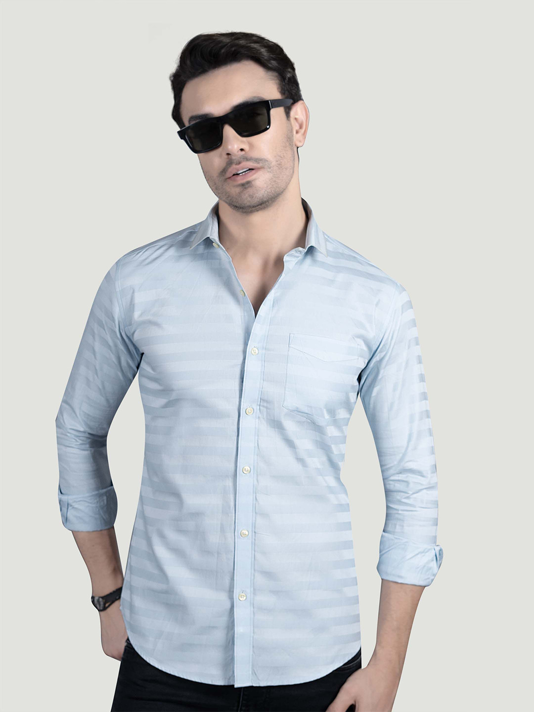 ALMATY Alaric Comfort Horizontal Striped Slim Fit Cotton Shirt