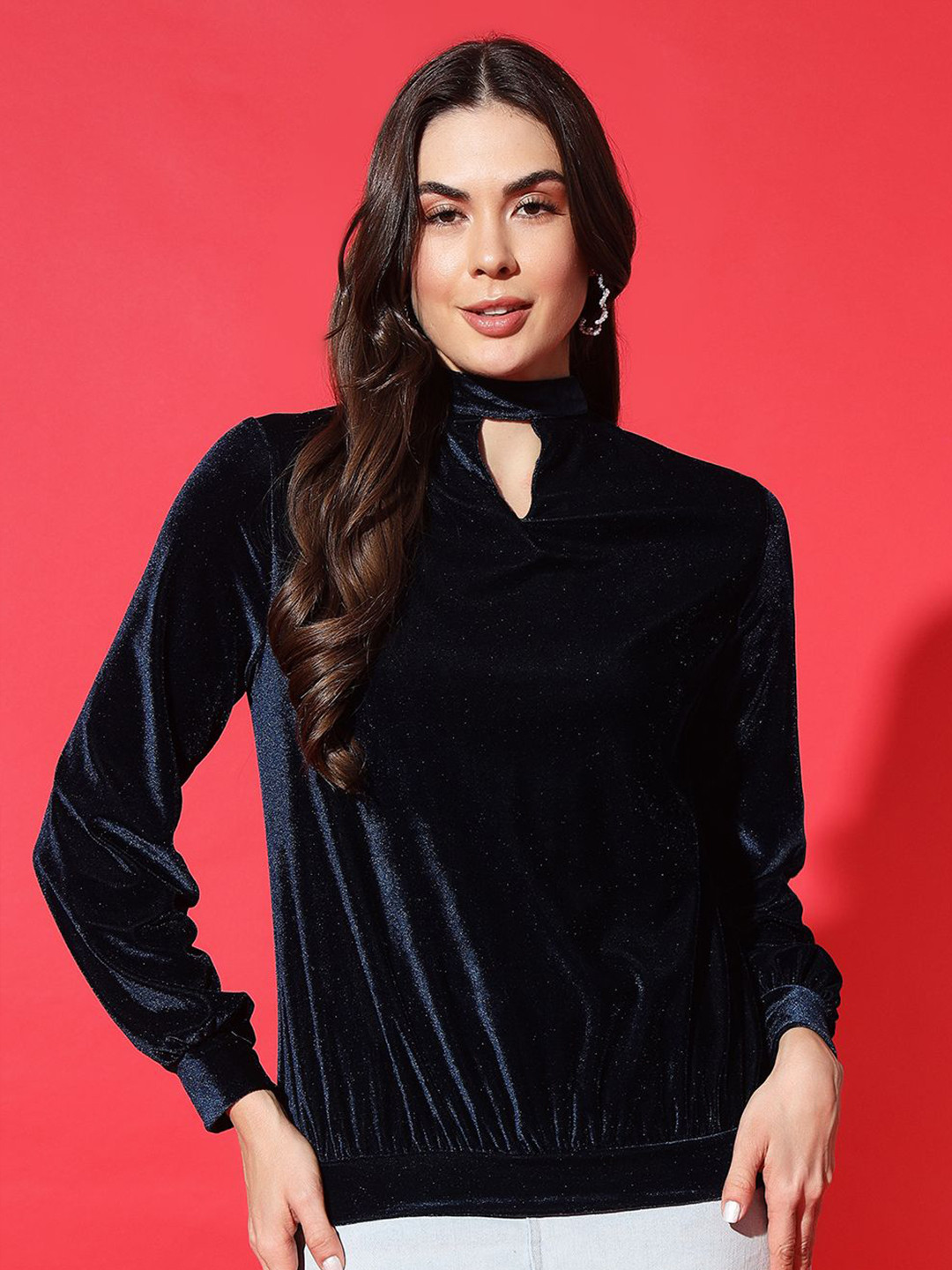 VAARARO Women High Neck Long Sleeve Velvet Top