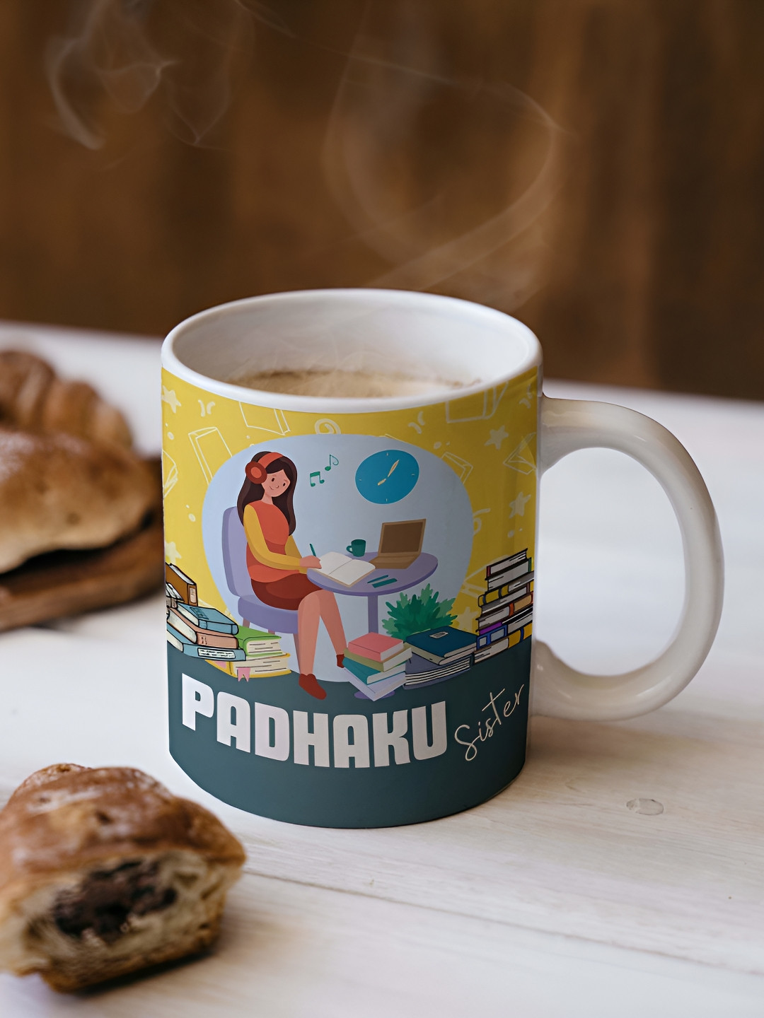 ARTBUG White & Yellow Padhaku Sister Printed Ceramic Glossy Mug 330ml