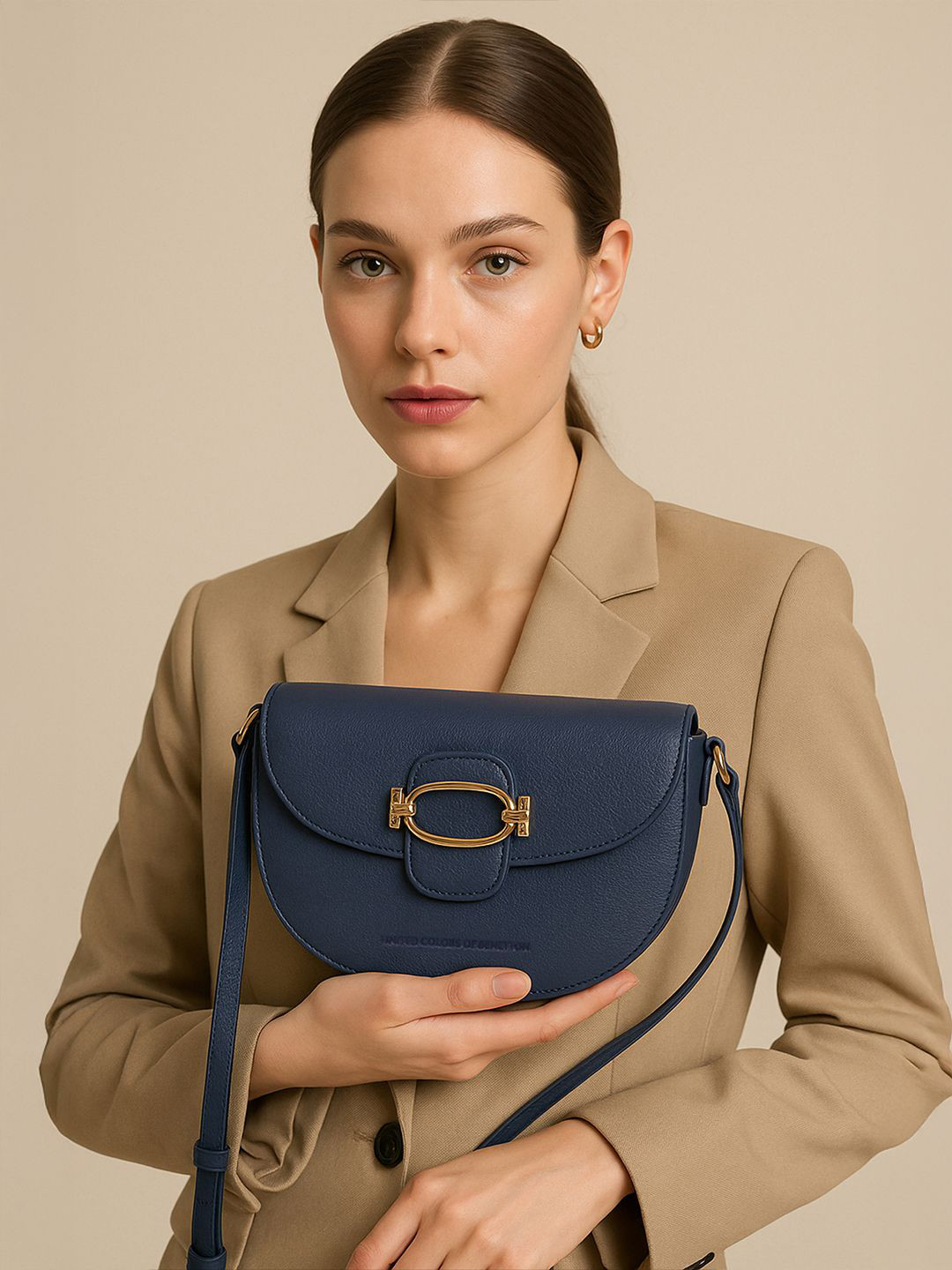 United Colors of Benetton Women Textured Structured Buckle Detail Satchel Bag