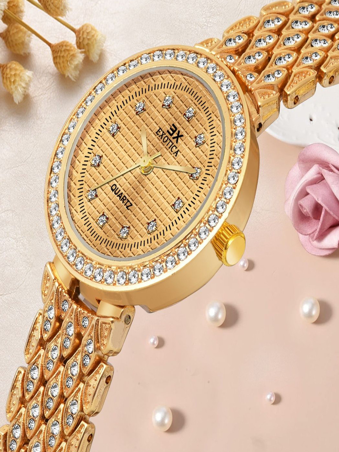 Exotica Fashion Girls Embellished Dial & Stainless Steel Straps Analog Watch EX-2518-Gold