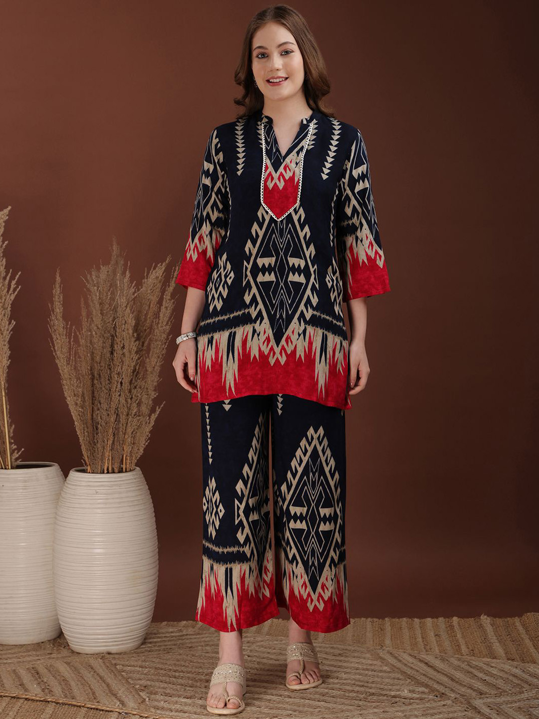 KALINI Smart Printed Mandarin Collar Tunic With Palazzos