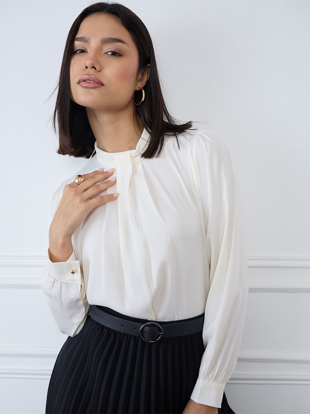 Iconic  Women High Neck Cuffed Sleeves Top