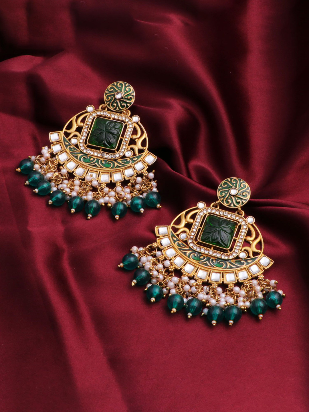 BELWICK Brass-Plated Kundan Studded And Pearls Beaded Square Chandbalis