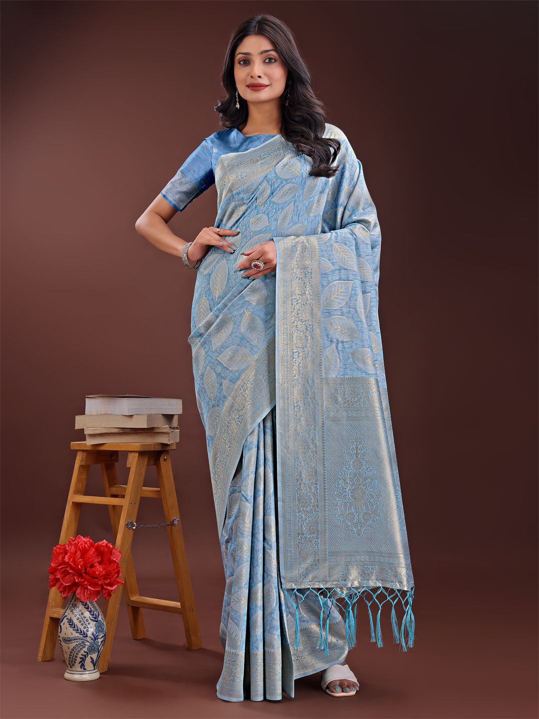 Astita Leaf Woven Design Zari Saree With Tasseled