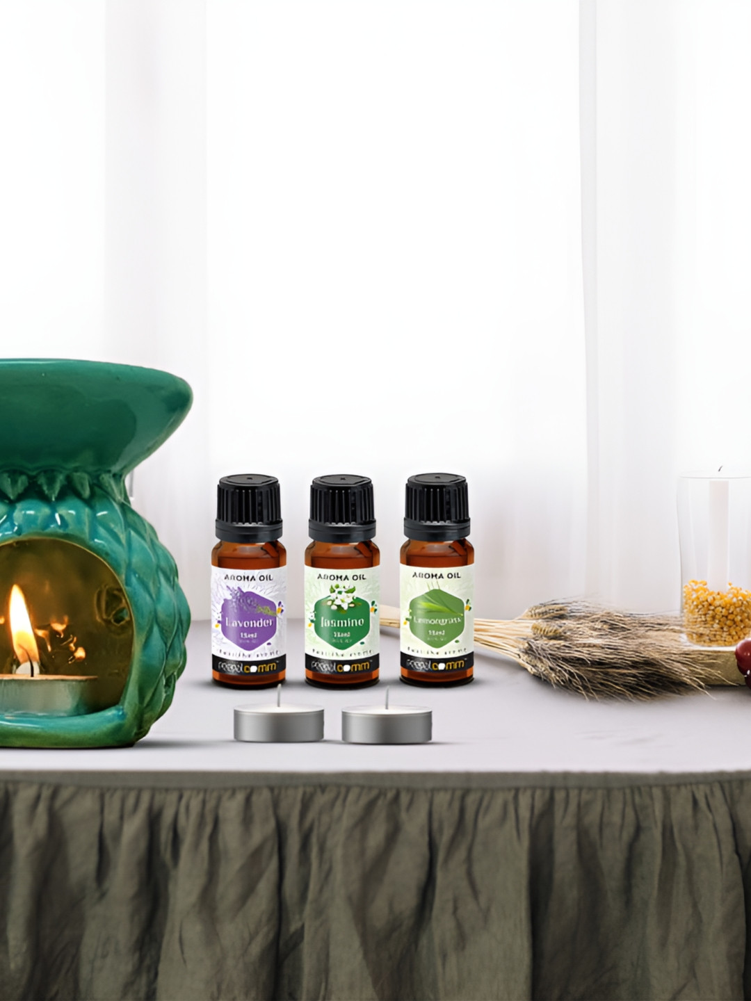 PEEPALCOMM 6Pcs Green Textured T- Light Candles Diffuser With Aroma Oils - 15 ml Each