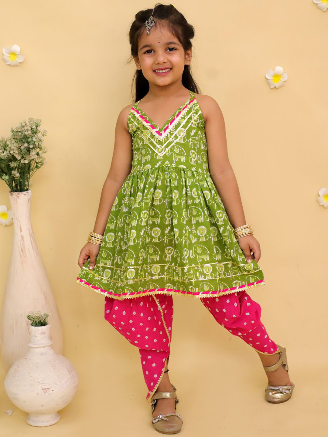 JUNITOS Girls Printed V-Neck Gotta Patti Pure Cotton Anarkali Kurti with Dhoti Pants