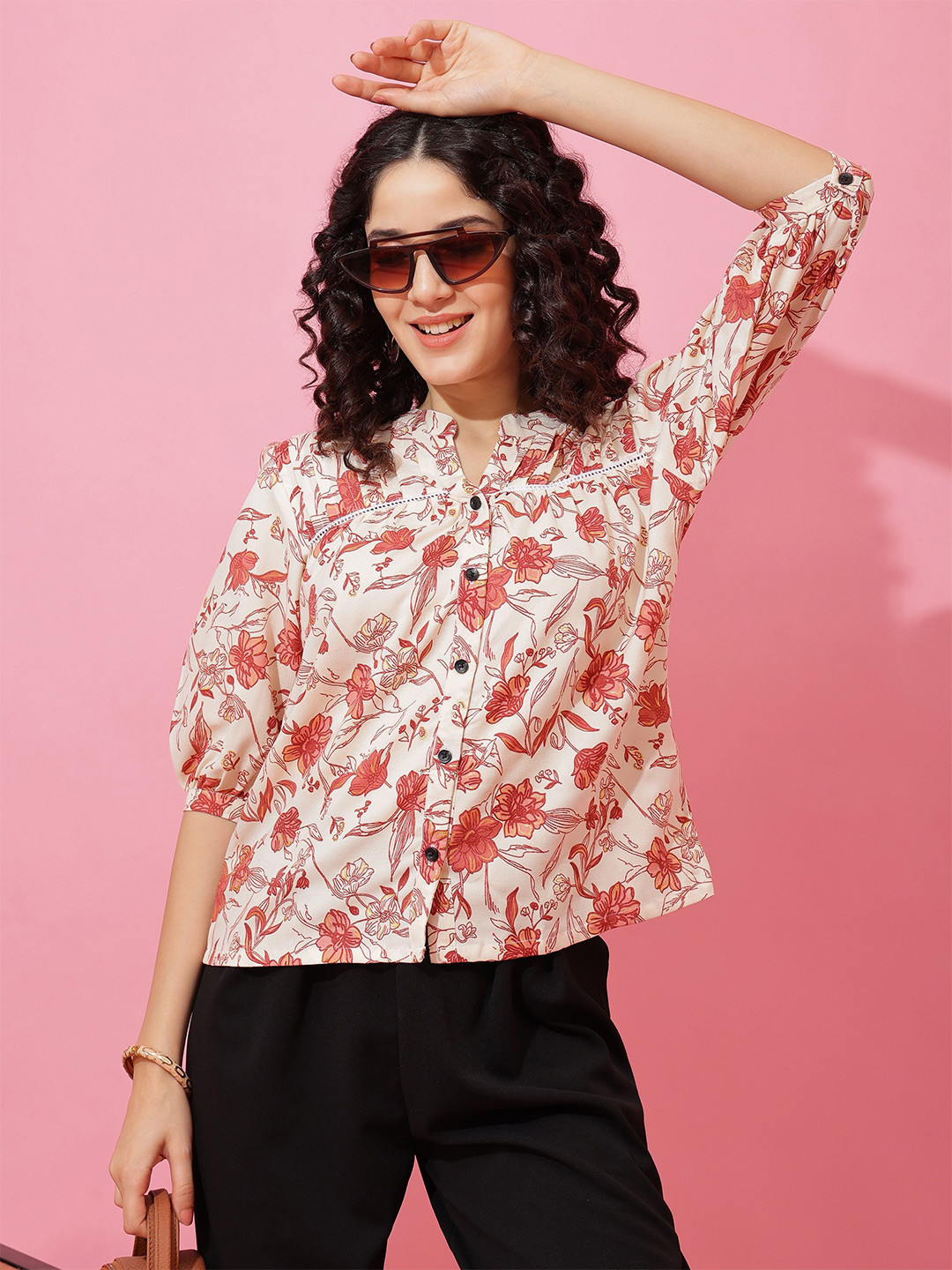 Honky Tonky Women Floral Print Mandarin Collar Shirt Style Top