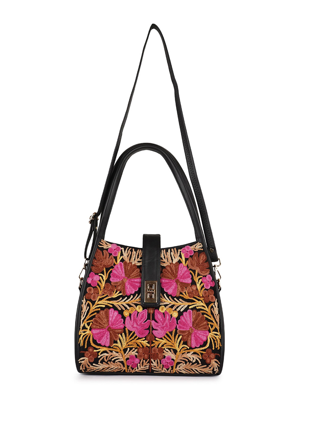 EVEDA Floral Embroidered Structured Handbag With Detachable Sling Strap