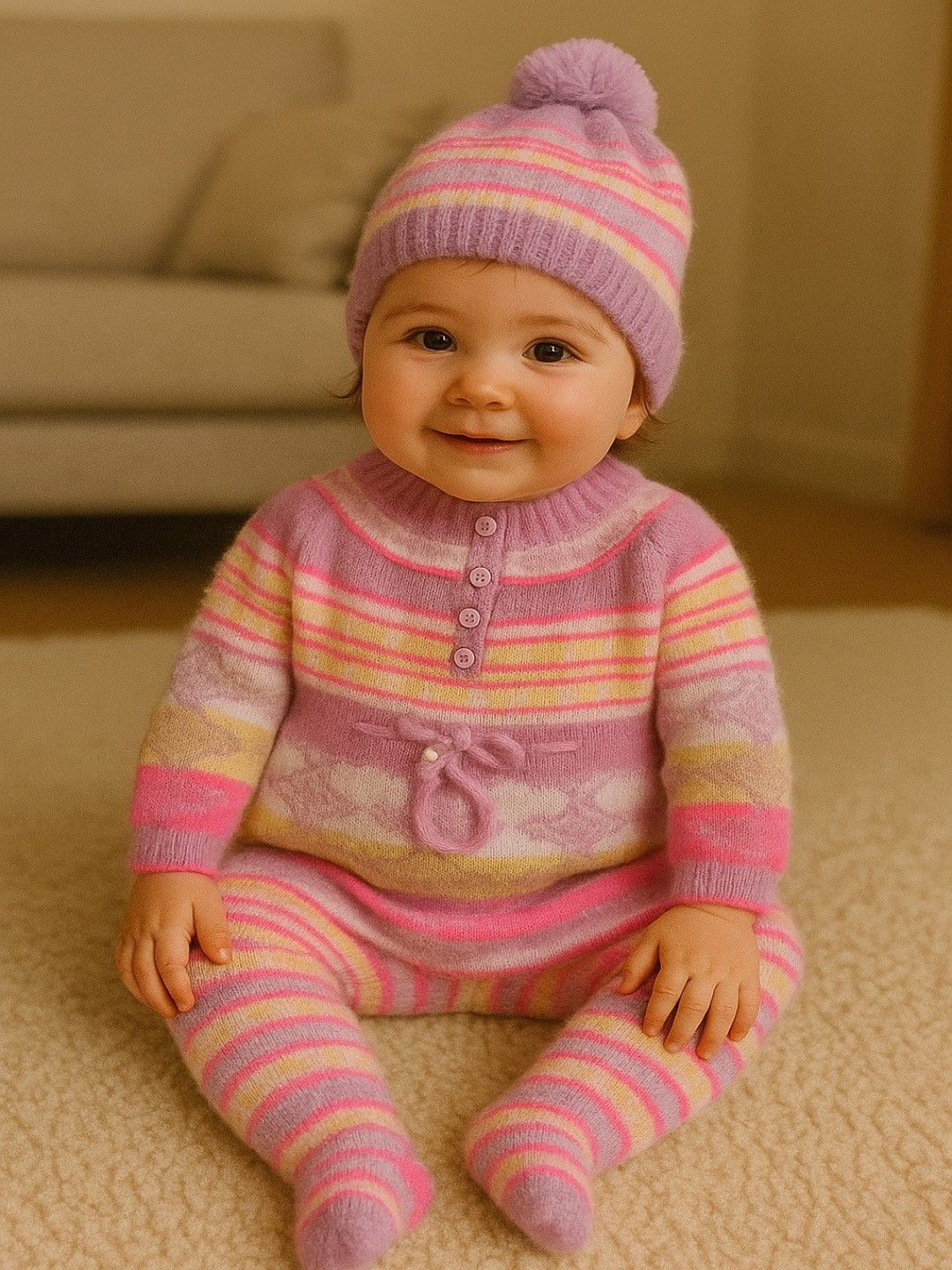 LeafBird Infants 4Pc Printed Sweater With Trousers & Booties & Caps Gift Set