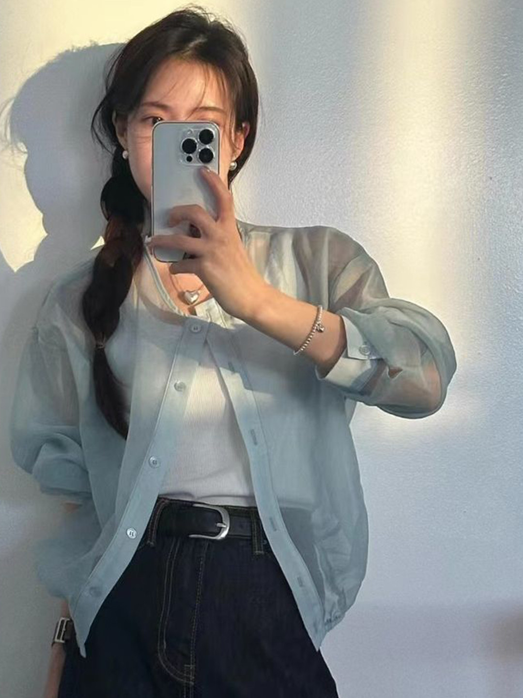 LULU & SKY Spread Collar Knitted Cotton Oversized Button-Up Sheer Shirt