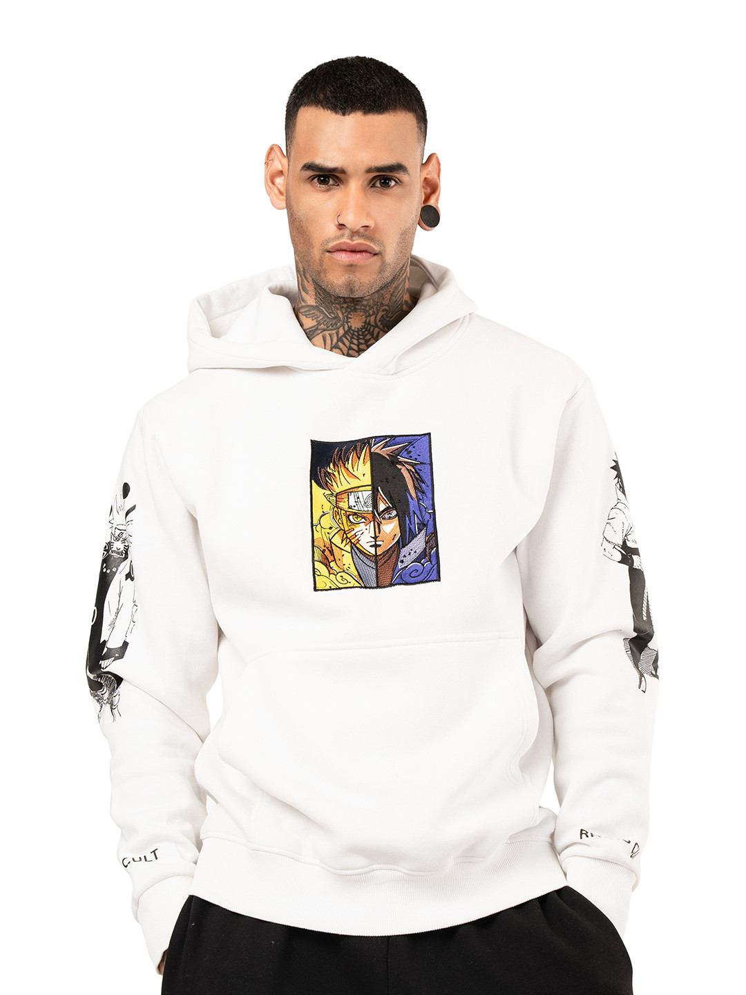 RHINO CULT Men Sasuke and Naruto Embroidered Hooded Sweatshirt