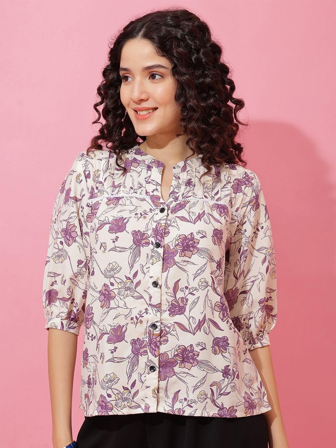 Honky Tonky Women Floral Printed Mandarin Collar Shirt Style Top