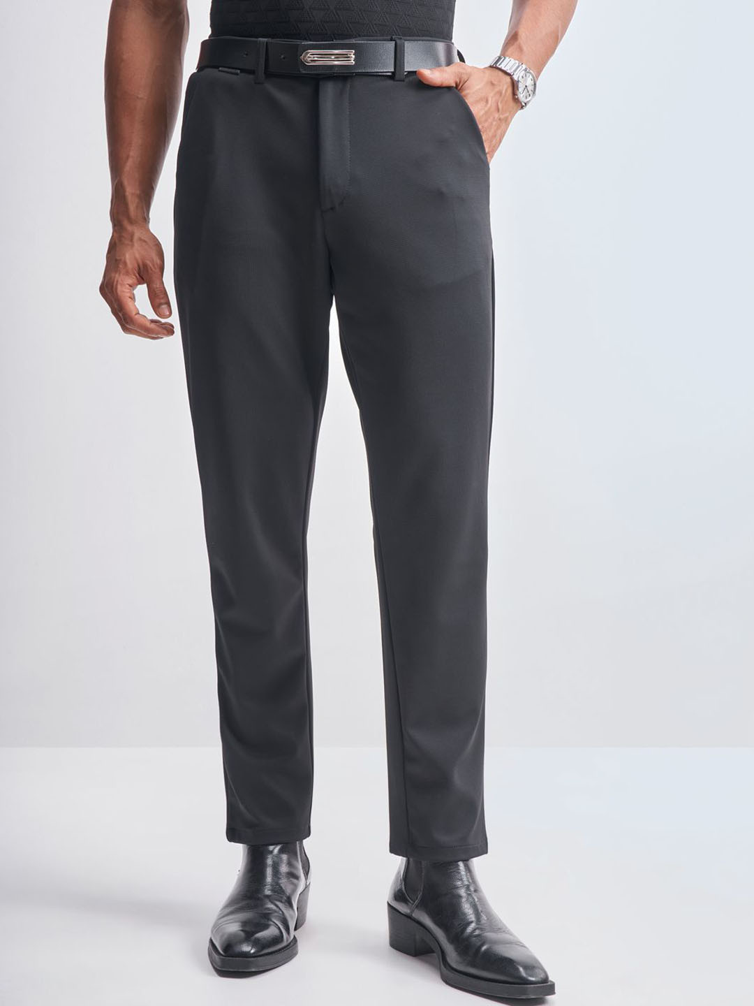 HIGHLANDER Men Textured Slim Fit Formal Trousers