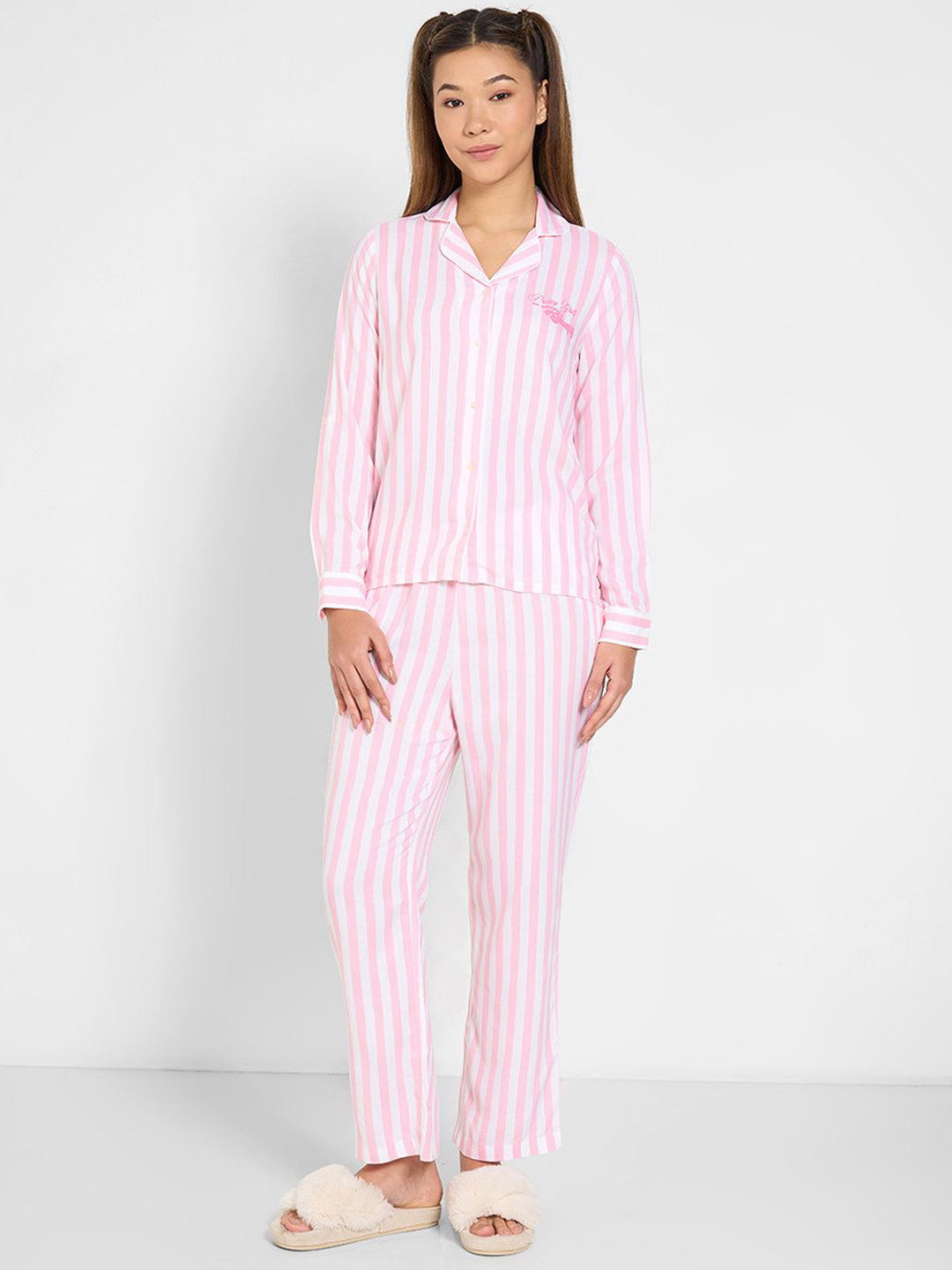 Dreamz by Pantaloons Women Striped Lapel Collar T-shirt Pyjamas Night suit