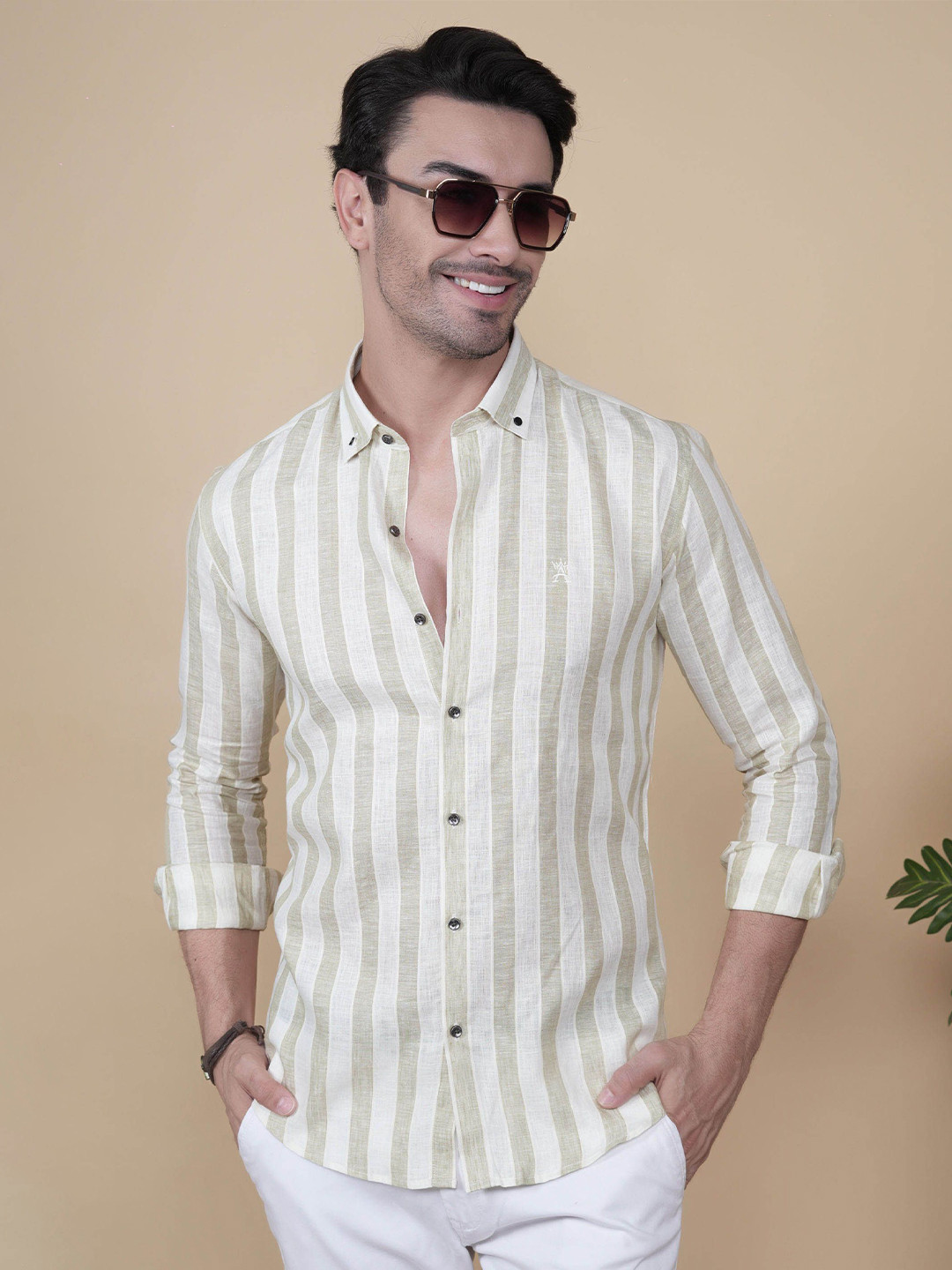 ALMATY Aksel Comfort Vertical Striped Button-Down Collar Slim Fit Linen Shirt