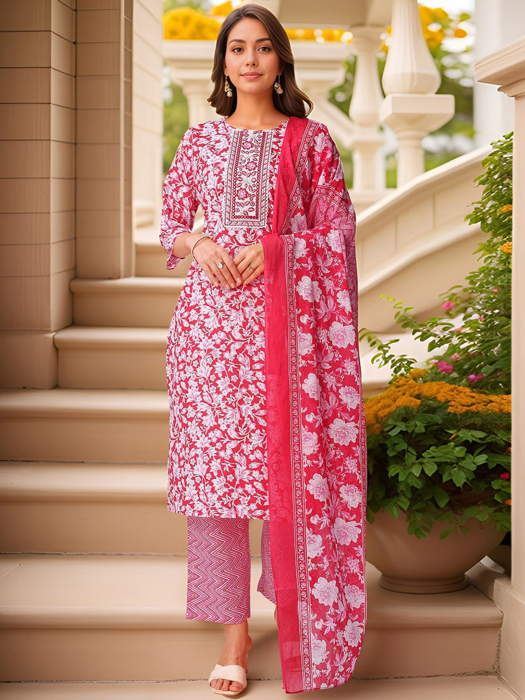 Banwaree Floral Printed Thread Work Pure Cotton Kurta With Trousers & Dupatta