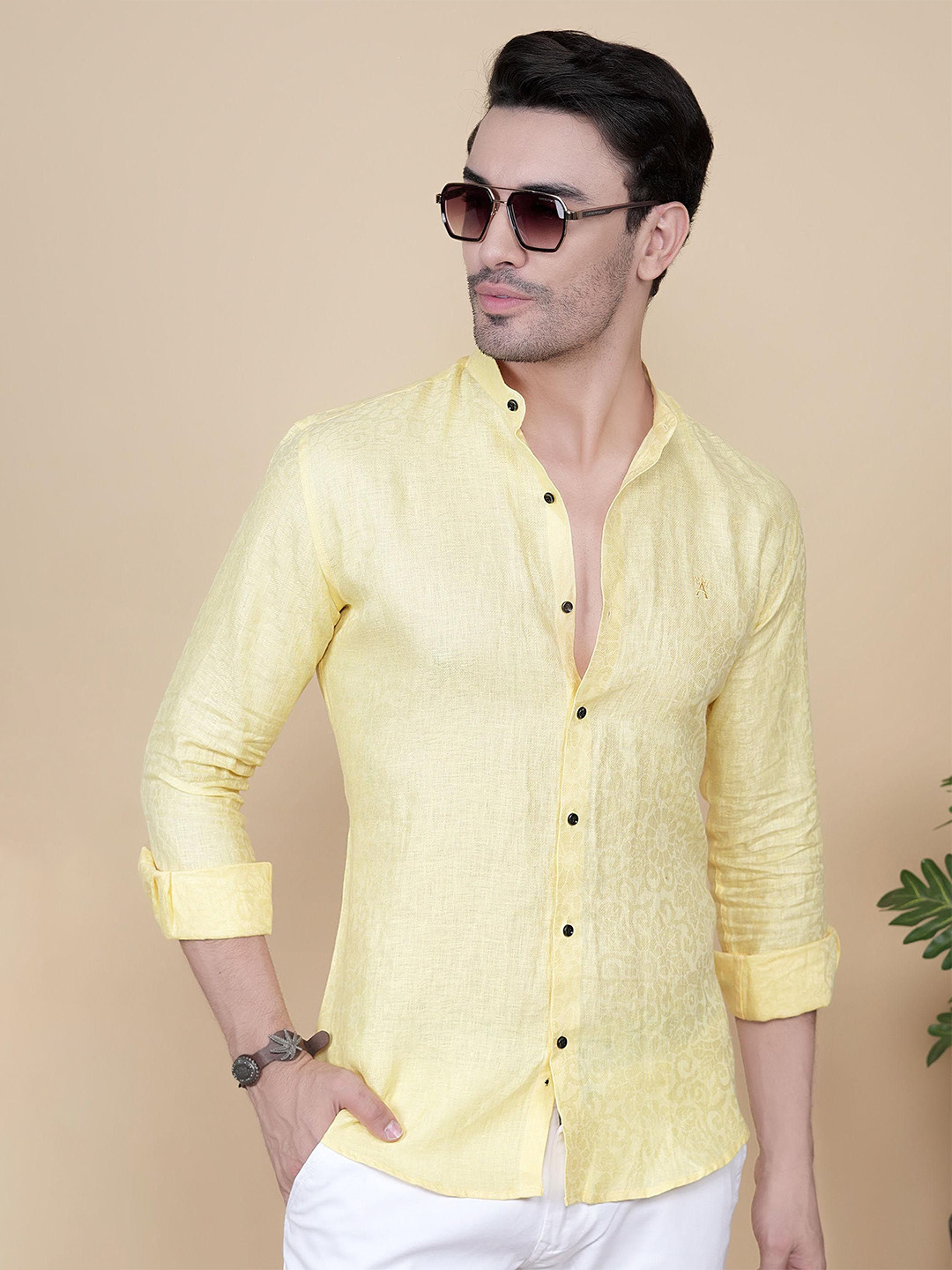 ALMATY Oliver Comfort Textured Band Collar Slim Fit Linen Shirt