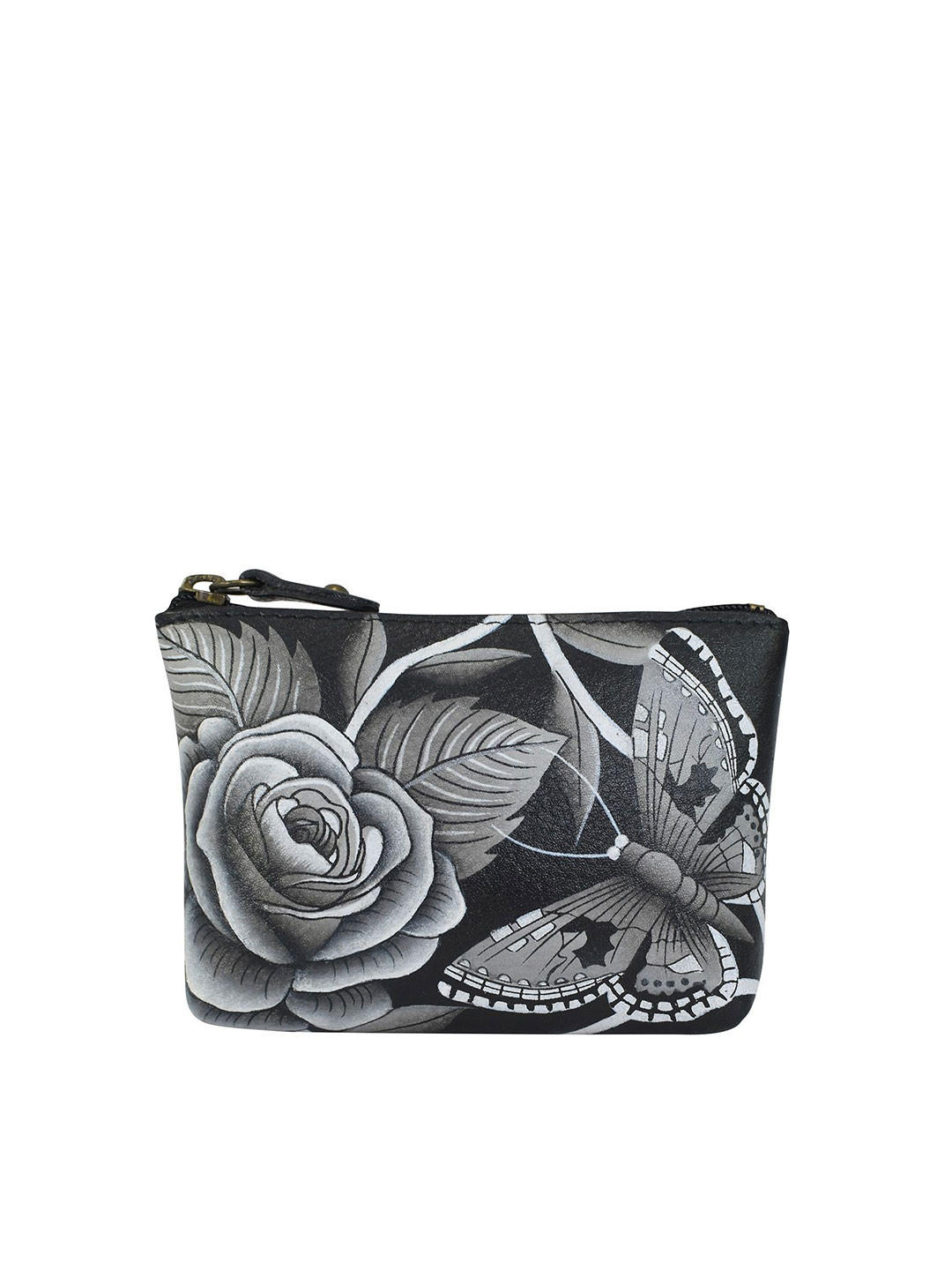 Anuschka Women Roses D'Amour Black Hand Painted Leather Small Coin Wallet