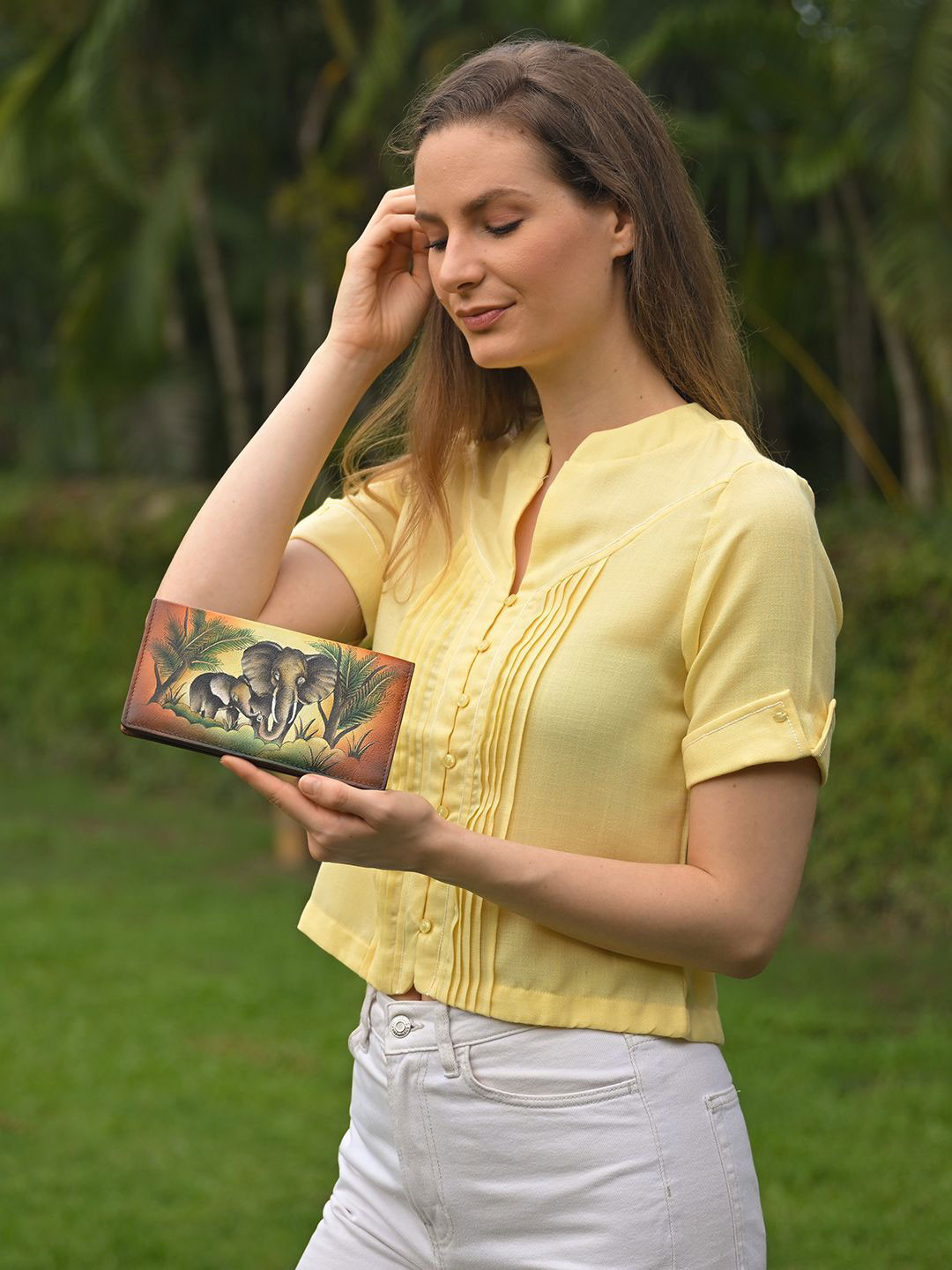 Anuschka Women Elephant Family Tan Hand Painted Two Fold Leather Wallet