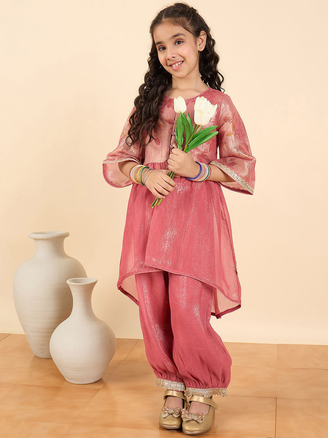 Stylo Bug Girls Angrakha Calf Length Anarkali Kurta with Palazzos