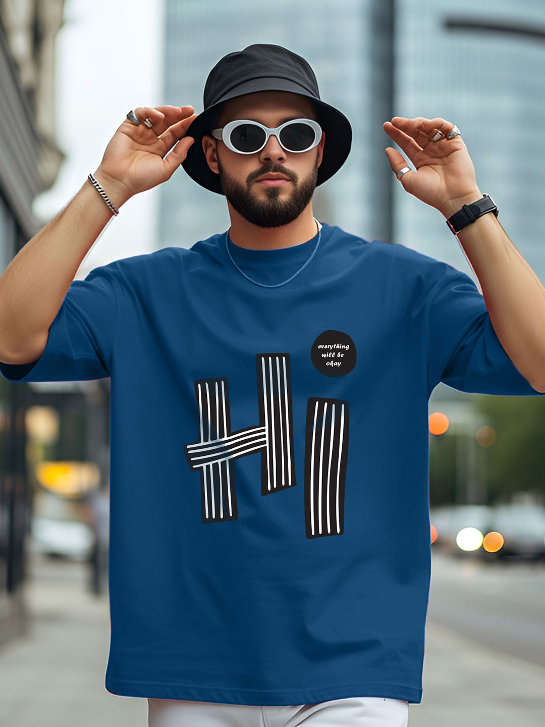 Turquoise Blue Graphic Printed Round Neck Regular Fit T-shirt
