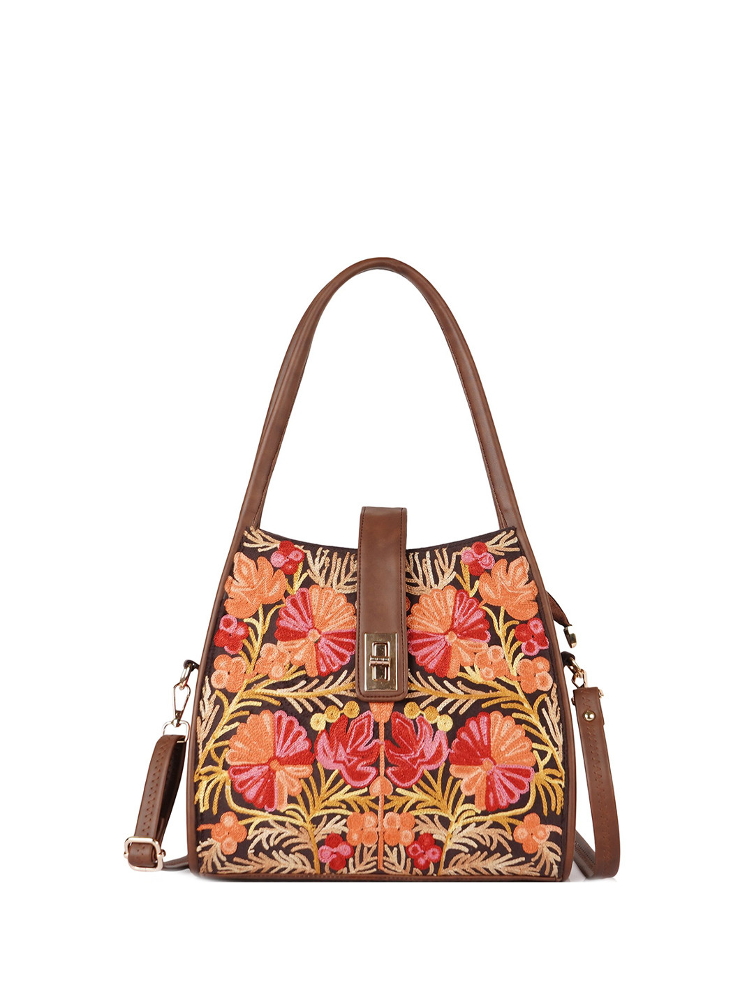 EVEDA Floral Embroidered Structured Handbag With Detachable Sling Strap