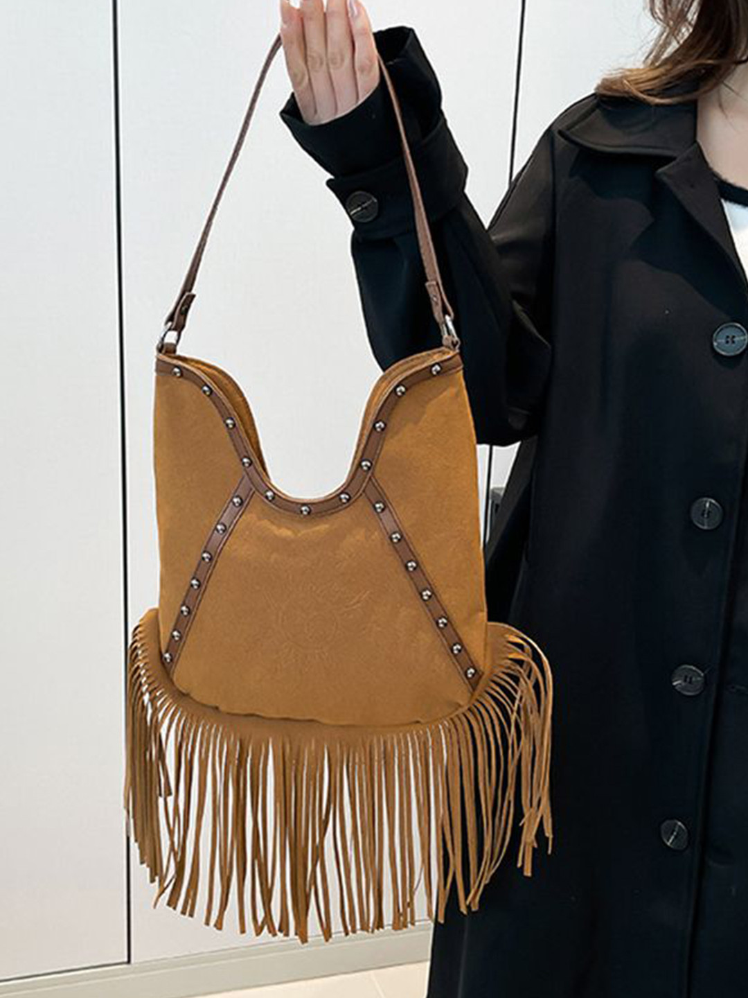 StyleCast x Revolte Bucket One Handle Tote Bag with Fringed