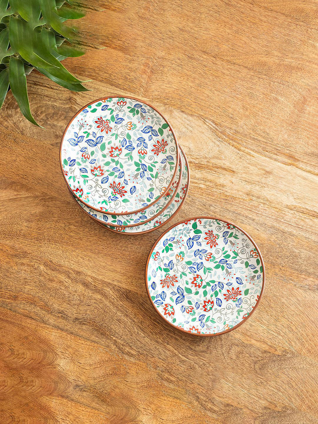 ExclusiveLane Spring Garden White & Blue 4 Pieces Printed Ceramic Quarter Plates