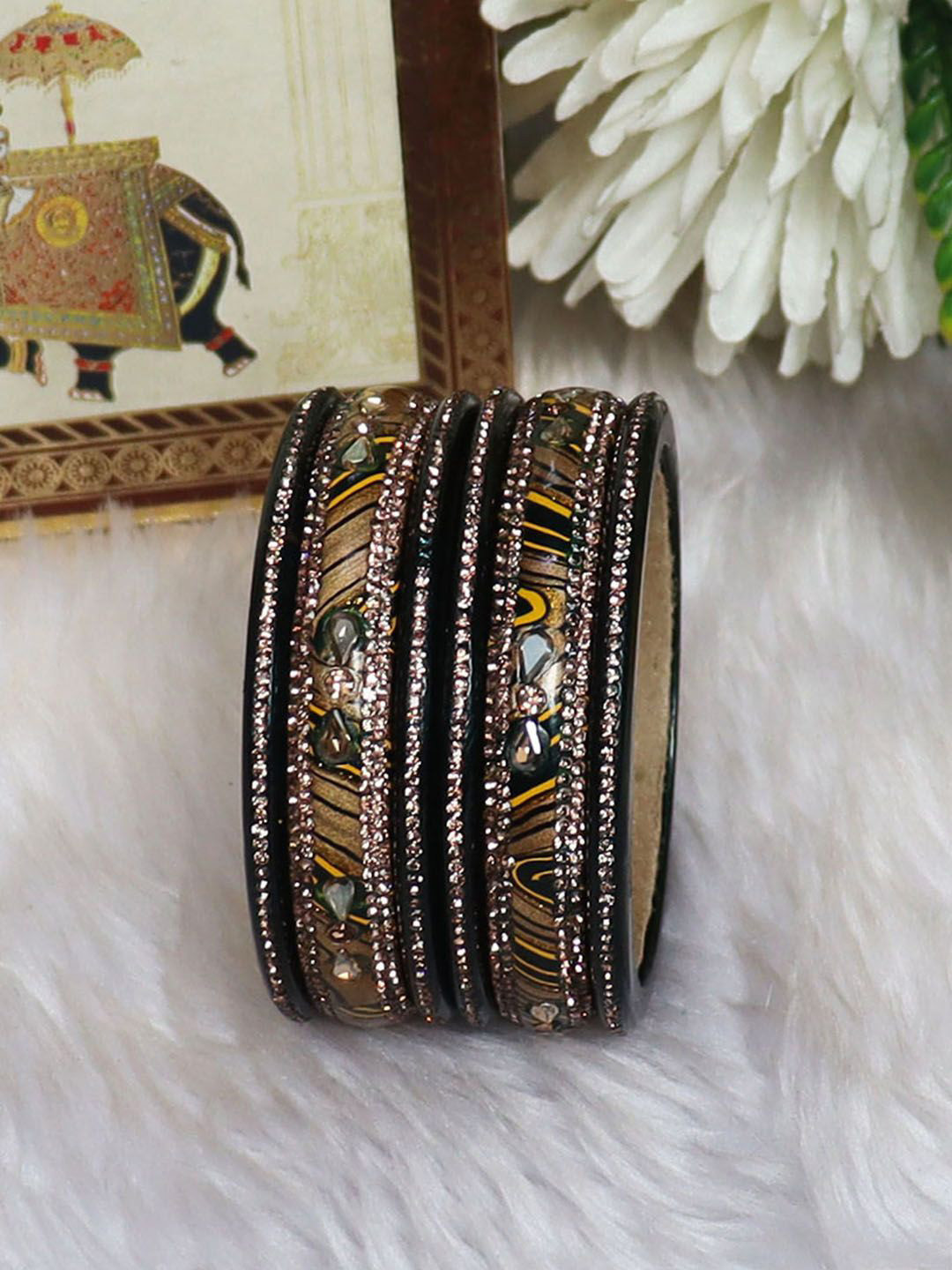 TAJ BRIDAL STORE Set Of 6 Kundan-Studded Bangle