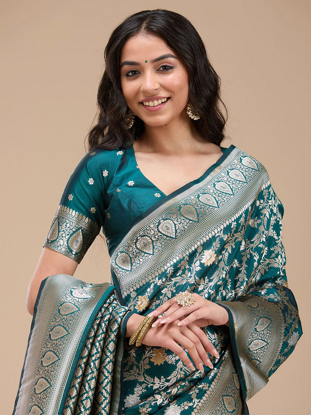 Koskii Peacock Blue Zariwork Banarasi Silk Saree