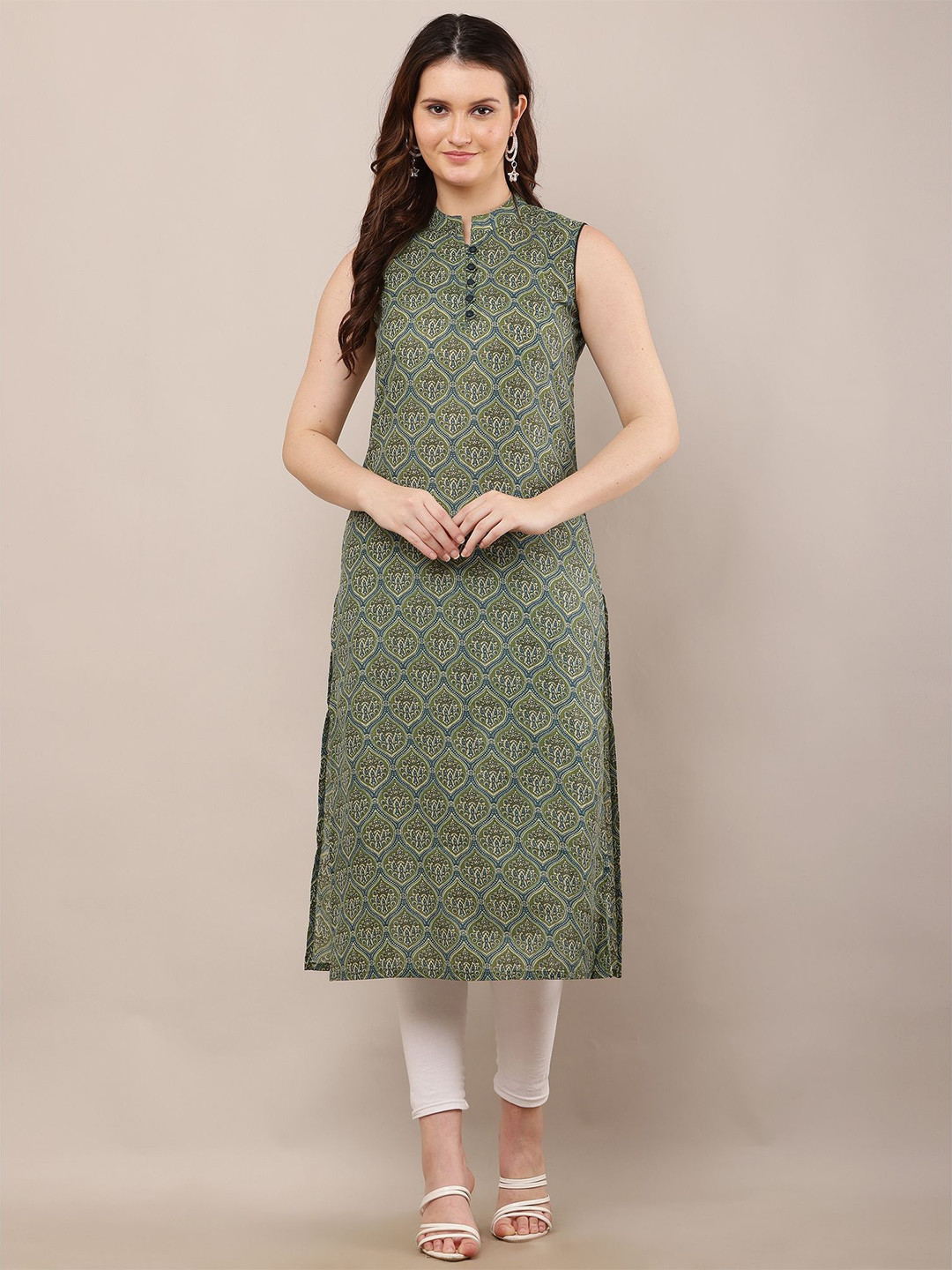 STYLERISE Women Ethnic Motifs Printed Mandarin Collar Sleeveless Straight Kurta