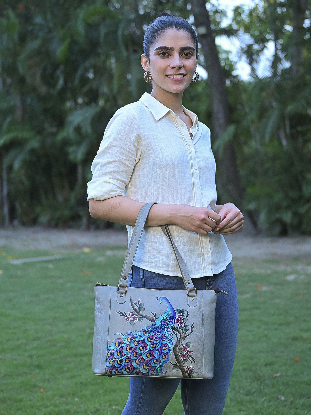 Anuschka Women Peacock Bliss Hand Painted Leather Tote