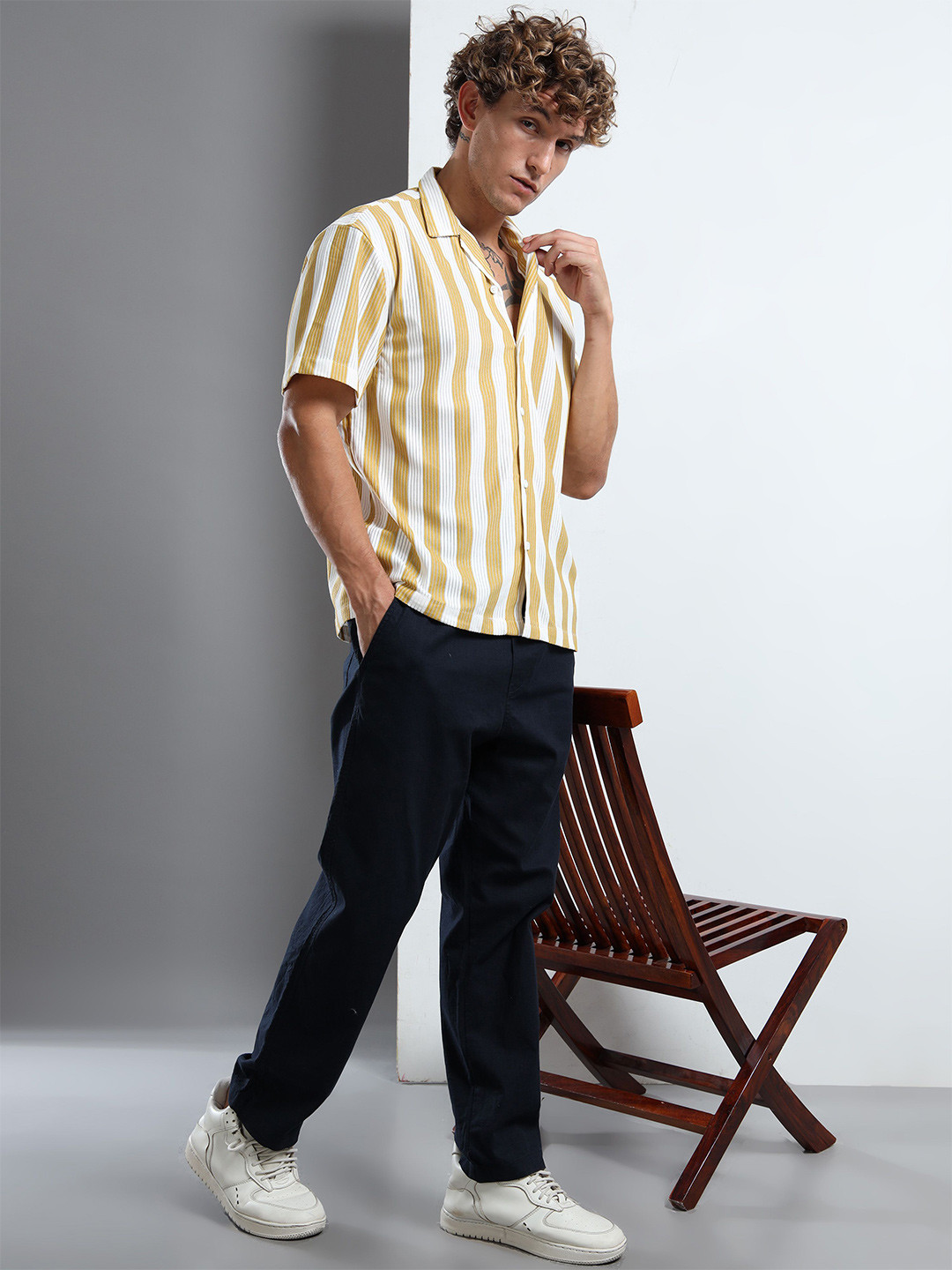 MOHICANS Striped Self Design Spread Collar Regular Fit Casual Shirt