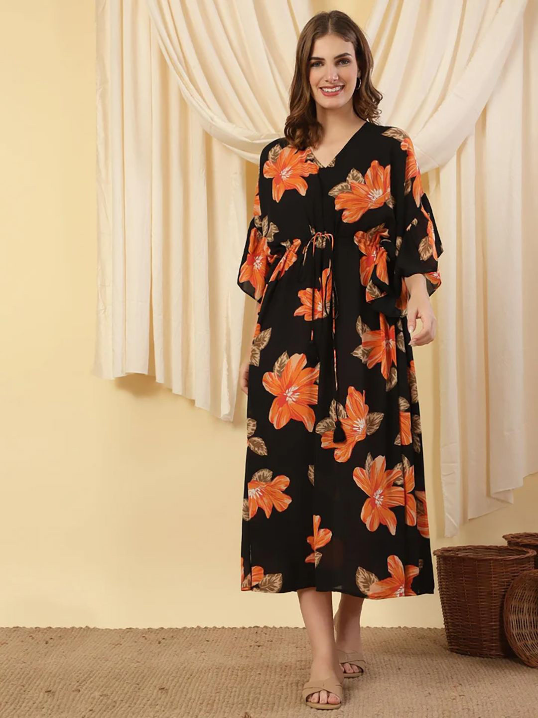 House of Kaftan Coastal Chic Women Floral Printed Batwing Sleeve Fit & Flare Midi Dress