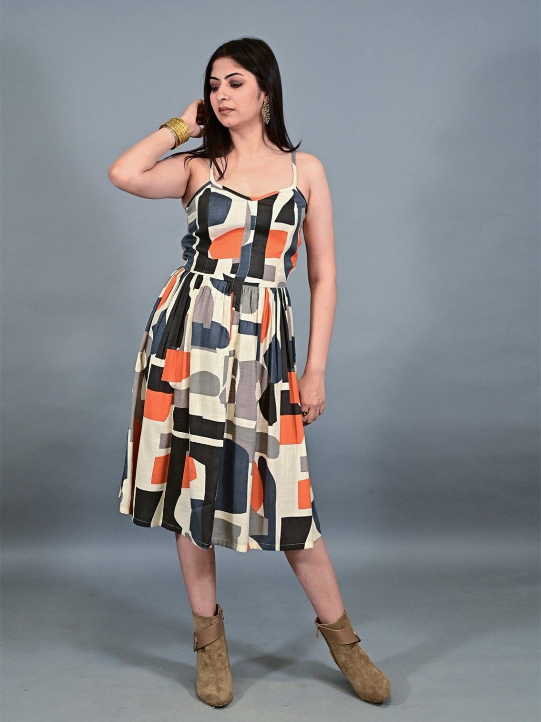 THE BEHRUZ THEORY Abstract Printed Shoulder Straps Cotton Fit and Flare Dress