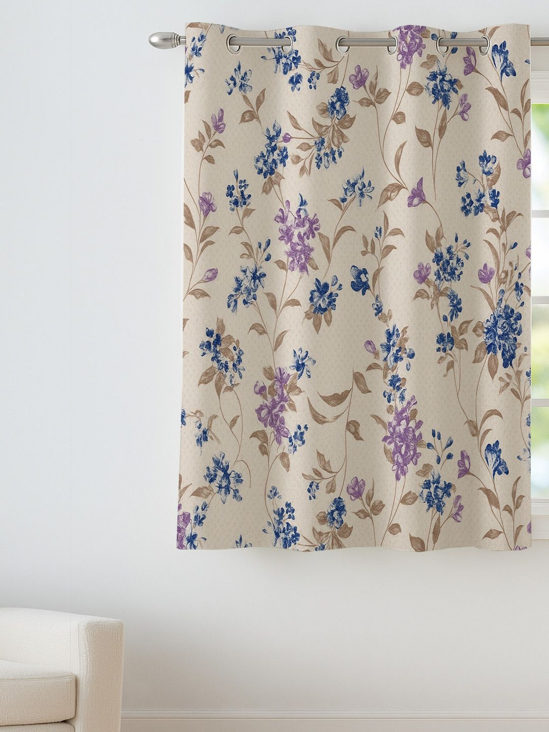 ANA White & Blue Floral Room Darkening Cotton Window Curtain
