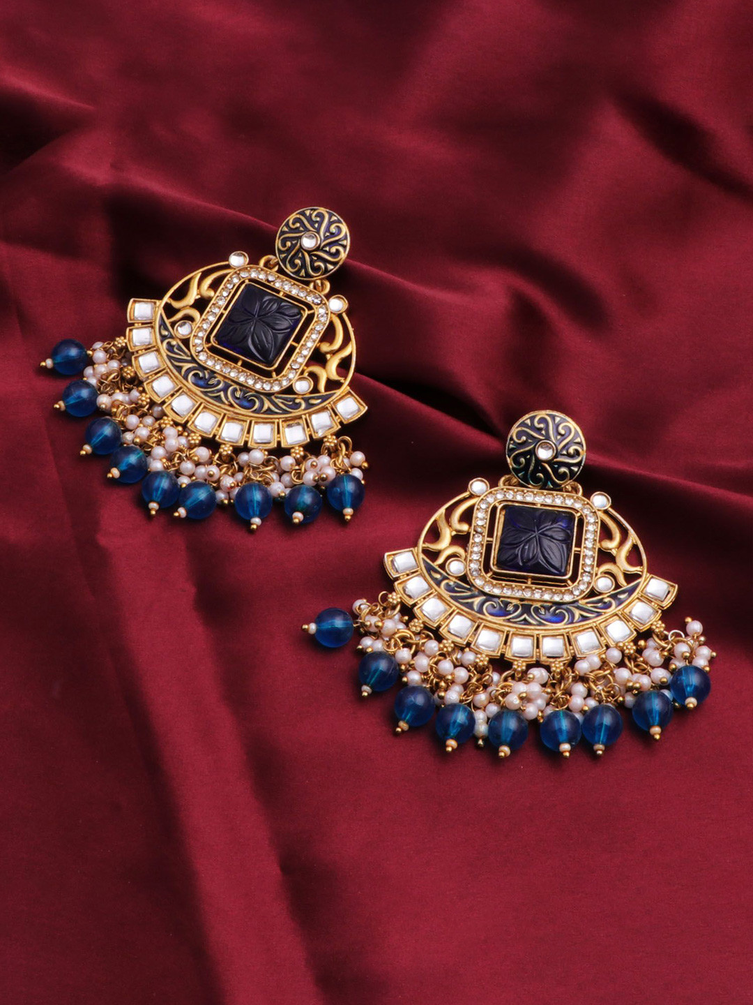 BELWICK Brass-Plated Kundan Studded And Pearls Beaded Square Shaped Chandbalis