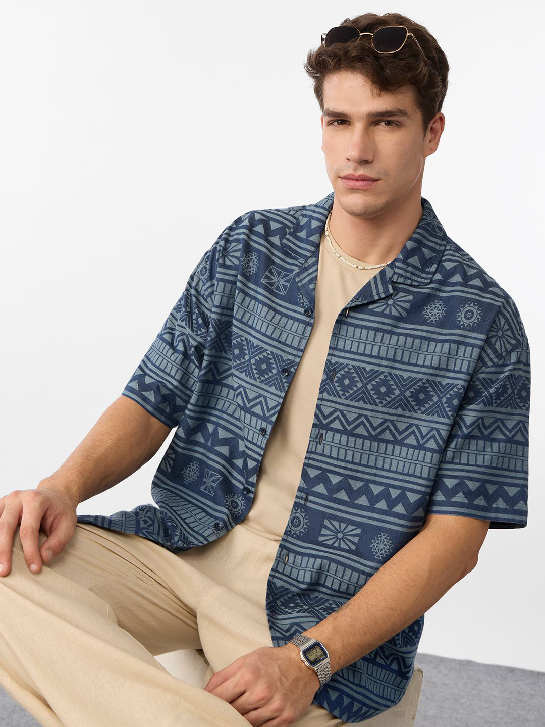 The Souled Store Oversized Jacquard Cerulean Geometric Printed Pure Cotton Casual Shirt